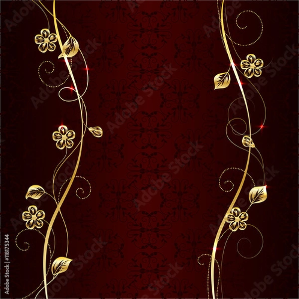Obraz Gold floral pattern on dark background.