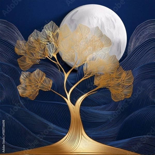 Fototapeta Generated imageGolden Tree of Serenity: Modern 3D Mural with Wavy Lines and White Moon"
A stunning 3D wallpaper design featuring a golden tree against a dark blue backdrop, with a radiant white moon a
