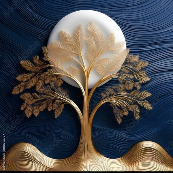 Fototapeta Generated imageGolden Tree of Serenity: Modern 3D Mural with Wavy Lines and White Moon"
A stunning 3D wallpaper design featuring a golden tree against a dark blue backdrop, with a radiant white moon a