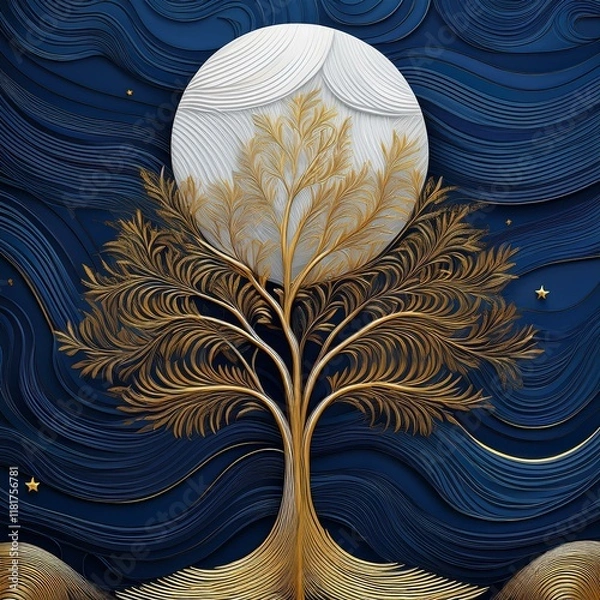 Fototapeta Generated imageGolden Tree of Serenity: Modern 3D Mural with Wavy Lines and White Moon"
A stunning 3D wallpaper design featuring a golden tree against a dark blue backdrop, with a radiant white moon a