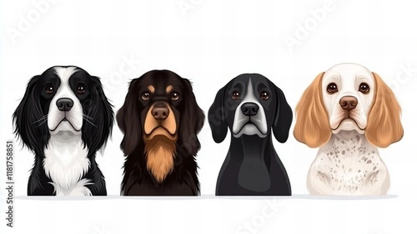 Fototapeta Four adorable dogs posing for a picture.  Each dog is unique in their breed and coloring.