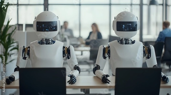 Fototapeta Two humanoid robots sit at desks in a modern office, highlighting the integration of technology and automation in the workplace.