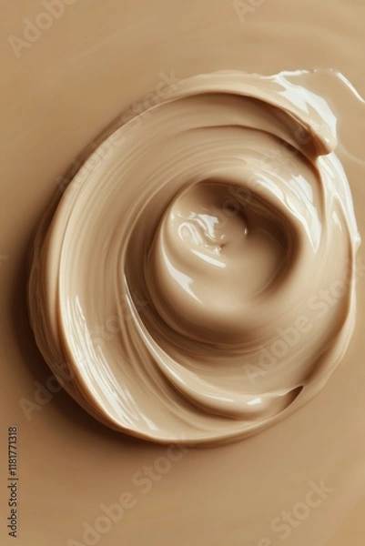 Fototapeta Creamy beige substance swirled in a circular motion, showcasing smooth texture and rich color variations in a minimalistic composition