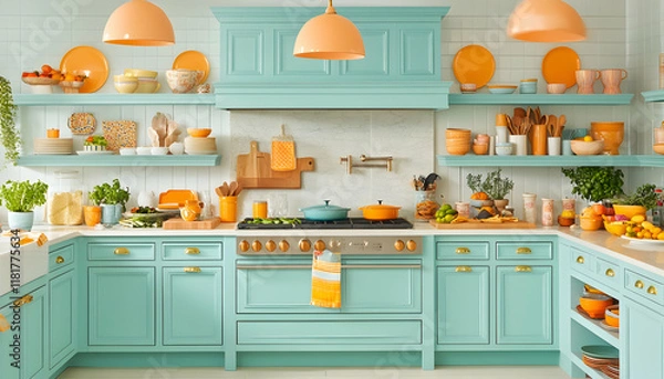 Fototapeta Vibrant teal kitchen with orange accents, showcasing modern appliances and stylish storage solutions.  Plenty of natural light illuminates the bright and airy space.