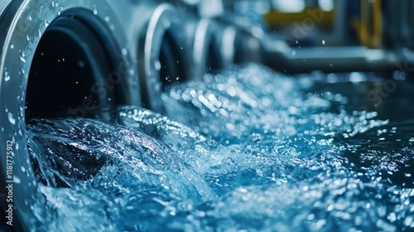 Obraz Water Flowing out of Industrial Washing Machines in a Laundry Facility