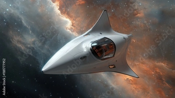 Fototapeta A sleek, futuristic spacecraft navigates a dazzling expanse of stars and celestial clouds. Passengers onboard experience the thrill of deep space travel in a new age of exploration