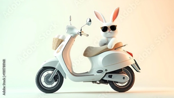 Fototapeta A cool cartoon bunny wearing sunglasses sits on a sleek white scooter with a basket of eggs on the back, set against a soft gradient background. AI-generated content.