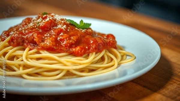 Fototapeta A close-up of spaghetti served with rich tomato sauce, garnished with fresh basil and Parmesan, presented on a white plate on a wooden table. AI-generated content.