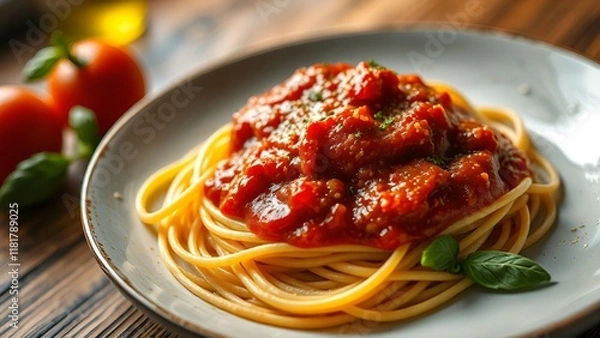 Fototapeta A rustic plate of spaghetti topped with rich tomato sauce, fresh basil, and a sprinkle of herbs, served on a wooden table with tomatoes in the background. AI-generated content.