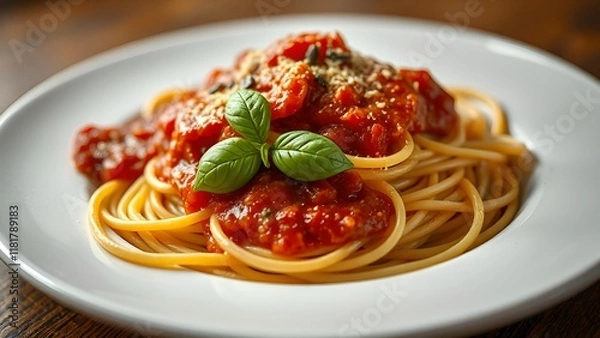 Fototapeta A delicious plate of spaghetti topped with rich tomato sauce, fresh basil leaves, and a sprinkle of Parmesan cheese, served on a white dish. AI-generated content.