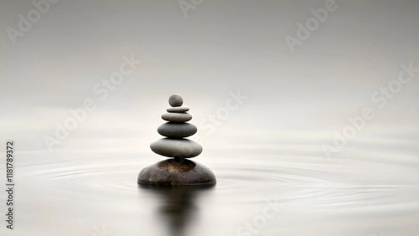 Fototapeta A serene image of a balanced stack of smooth stones on a single rock, surrounded by gentle ripples on calm water, symbolizing tranquility and mindfulness. AI-generated content.