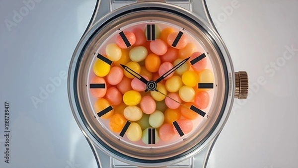 Fototapeta A creative concept of a wristwatch with a dial filled with colorful candy-like spheres, blending timekeeping and playful design. AI-generated content.
