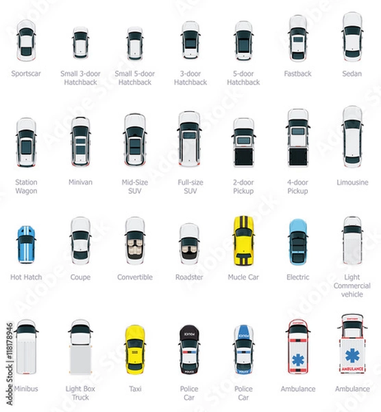 Fototapeta Wektor ogólny widok zestaw samochodów i ciężarówek