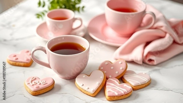 Fototapeta A delightful tea setup featuring pink cups, saucers, and heart-shaped cookies with icing, arranged on a marble table with natural light. AI-generated content.