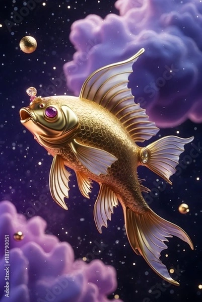 Fototapeta Golden Fish Swimming in a Starry Nebula. A magical shimmering gold fish against a backdrop of colorful space clouds.Dreamlike Goldfish in a Starry Galaxy,Celestial with Sparkling Stars.