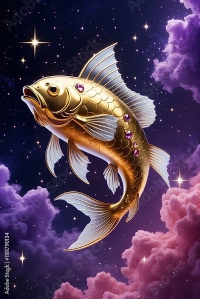 Fototapeta Golden Fish Swimming in a Starry Nebula. A magical shimmering gold fish against a backdrop of colorful space clouds.Dreamlike Goldfish in a Starry Galaxy,Celestial with Sparkling Stars.