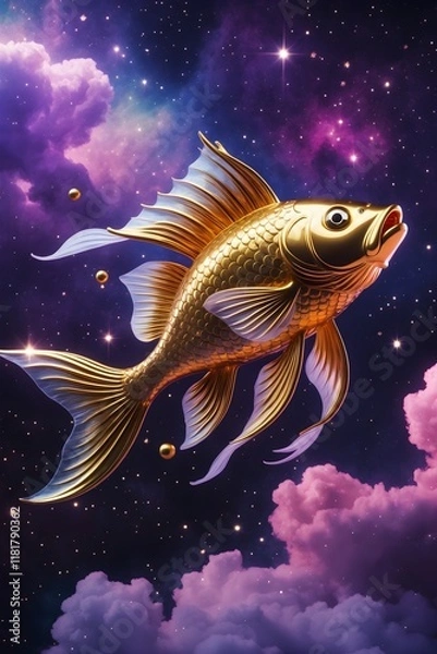 Fototapeta Golden Fish Swimming in a Starry Nebula. A magical shimmering gold fish against a backdrop of colorful space clouds.Dreamlike Goldfish in a Starry Galaxy,Celestial with Sparkling Stars.