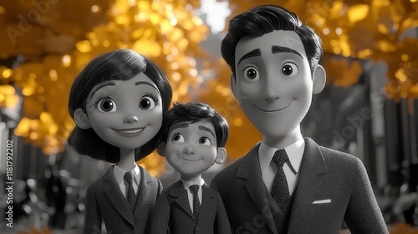 Obraz Family Portrait in a Cartoon Style Against an Autumn Background