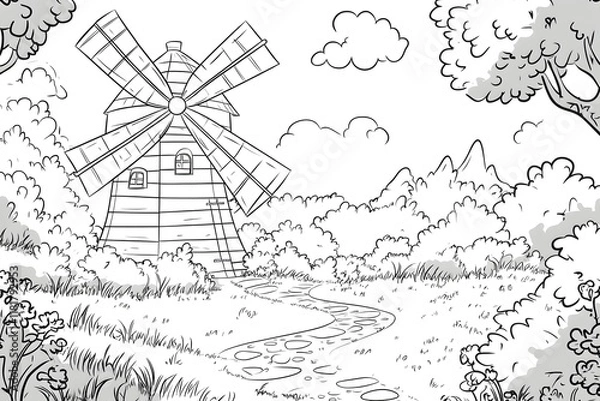 Fototapeta Color Windmill Scene: Coloring Book Pages