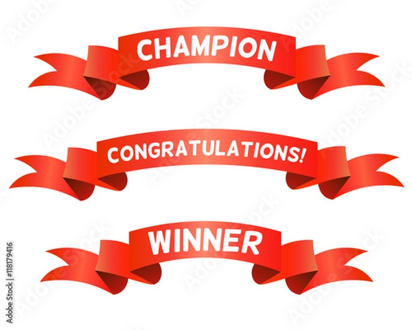 Obraz Red Trohpy Ribbons for Winners. Champion< Congratulations, Winner Titles. Isolated on White Background