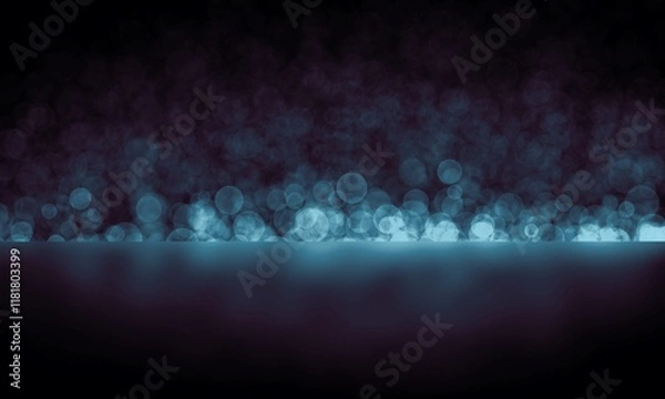 Fototapeta Blue bokeh and reflection. Glowing glitter particles. Dark backdrop. Abstract night background.