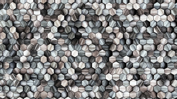 Fototapeta Wooden wall background. Grey wood pattern. Modern wood template. Hexagonal wooden volume pattern. 3d illustration.