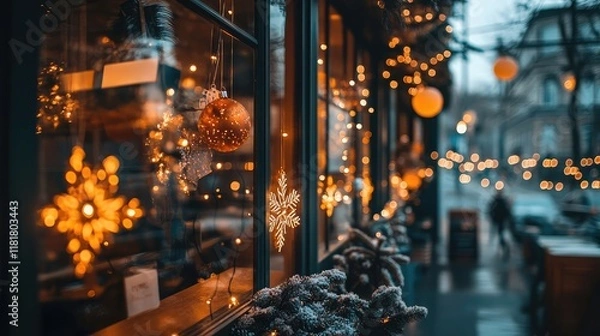 Fototapeta Warm shop window display adorned with festive lights and decorations promoting local businesses
