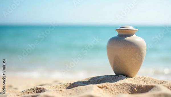 Obraz Ceramic Cremation Urn on Sandy Beach with Sea Background