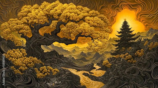 Fototapeta Golden Tree Landscape Illustration
