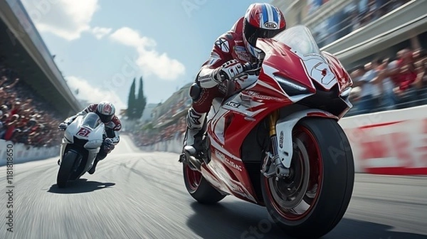 Obraz Two motorcycle racers speed through city streets, crowds cheering.