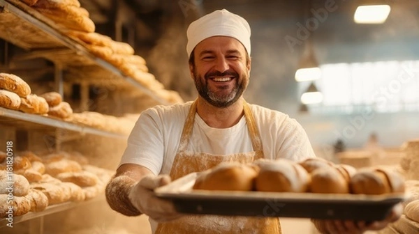 Fototapeta Flour-dusted baker proudly presents a tray of freshly baked bread