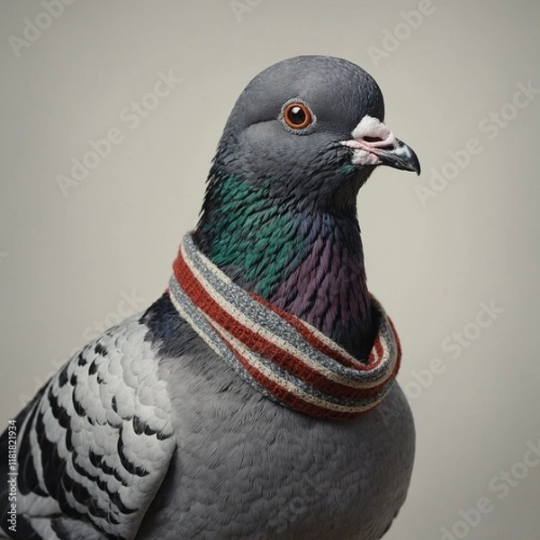 Fototapeta A pigeon wearing a striped scarf, standing calmly on a blank backdrop.