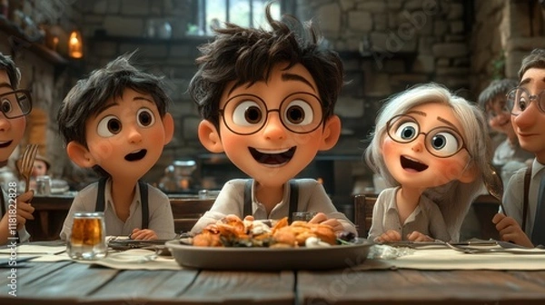Obraz Joyful Children Dining Together at a Festive Table in a Cartoon Style
