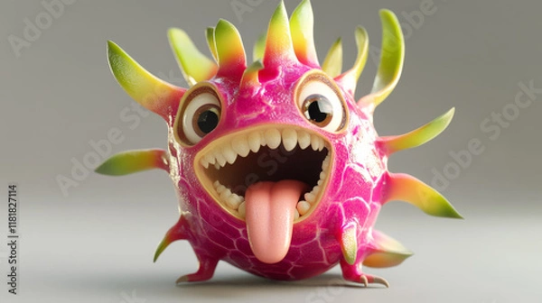 Fototapeta Groovy tropical dragon fruit half character in a playful pose. Cartoon vector fun and smiling pitahaya dragonfruit personage with seeds shows quirky and funky facial expression with sticking tongue