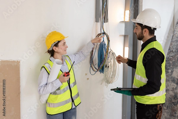 Fototapeta team electrical engineers or technicians is professionally inspecting the wiring and systems in the building. Check electrical equipment to meet safety standards. Use a tablet to check buildings.