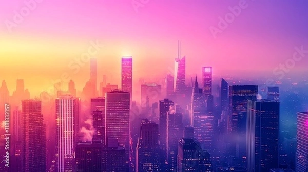 Fototapeta Vibrant Sunset Over a City Skyline with Colorful Clouds and Fog