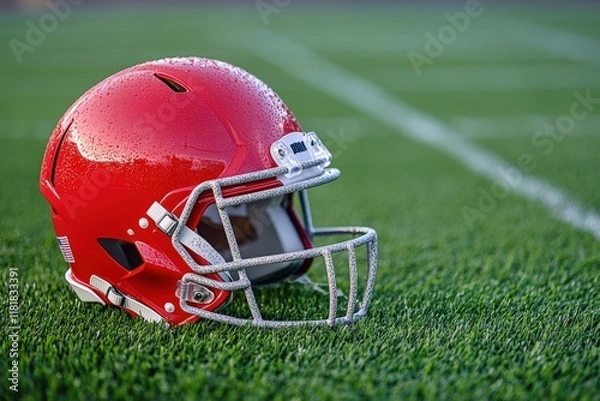 Fototapeta A football helmet resting on artificial turf.