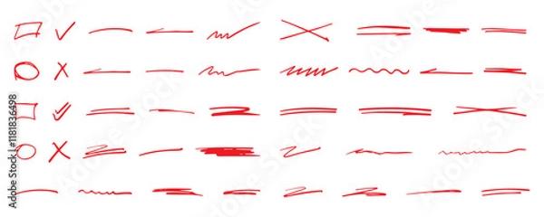 Fototapeta Collection of red hand-drawn doodles, including checkmarks, crosses, circles, lines, scribbles, ideal for annotation or graphic design. Hand drawn check mark and brush lines, red marker, check mark
