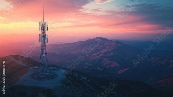Fototapeta A towering communication structure in a breathtaking landscape of hills and valleys under a vibrant sunrise
