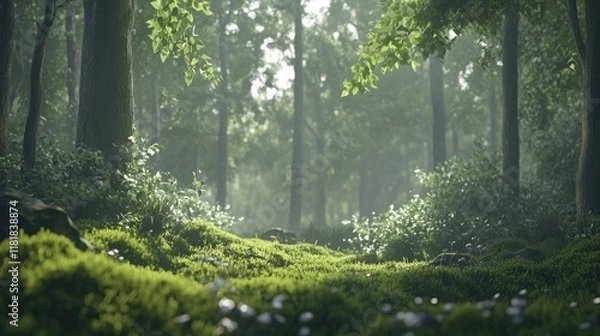 Fototapeta A tranquil forest scene with layered greenery, from mossy ground cover to high-reaching branches