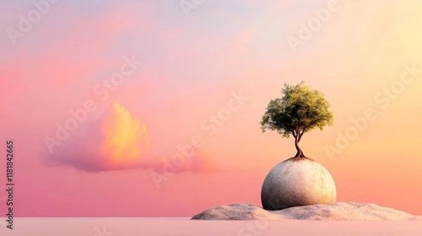 Fototapeta A solitary tree perched on a smooth stone against a pastel sky, symbolizing resilience and beauty in a tranquil landscape.