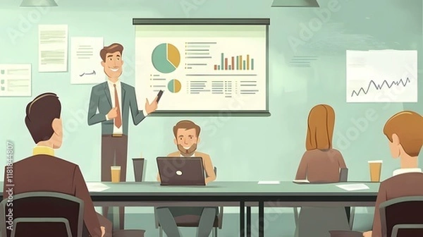 Fototapeta A cartoon-style depiction of an office meeting, with three men sitting at the table in front and one man standing behind it, holding up charts on the boardroom wall