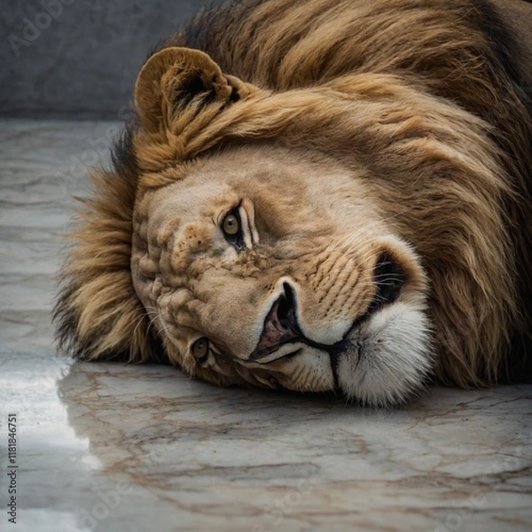 Fototapeta A lion lying on its side on a smooth marble surface with no background details.