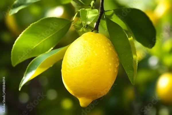 Fototapeta Ripe Lemon Grows on Tree Branch