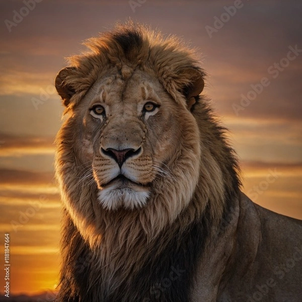 Fototapeta A lion silhouetted against a sunset with a minimal background.