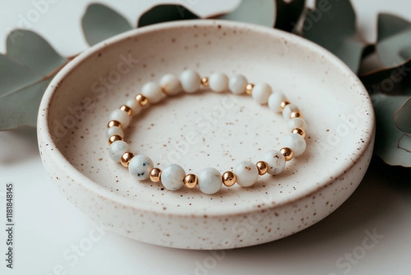 Obraz White Stone and Gold Beaded Bracelet in Ceramic Dish