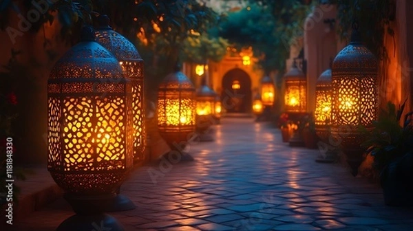 Fototapeta Illuminated pathway with ornate lanterns at night. (1)