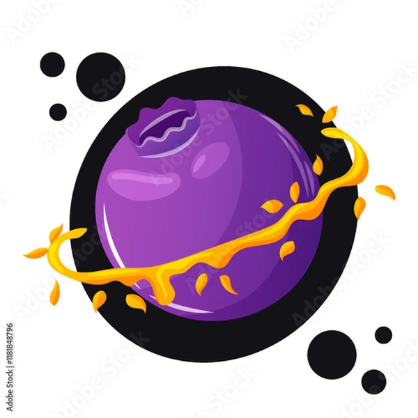 Fototapeta Playful vector art of a blueberry planet surrounded by orbiting sause. 