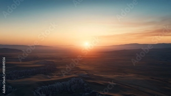 Fototapeta Stunning Sunrise Over Cappadocia's Rocky Landscape with Hot Air Balloons