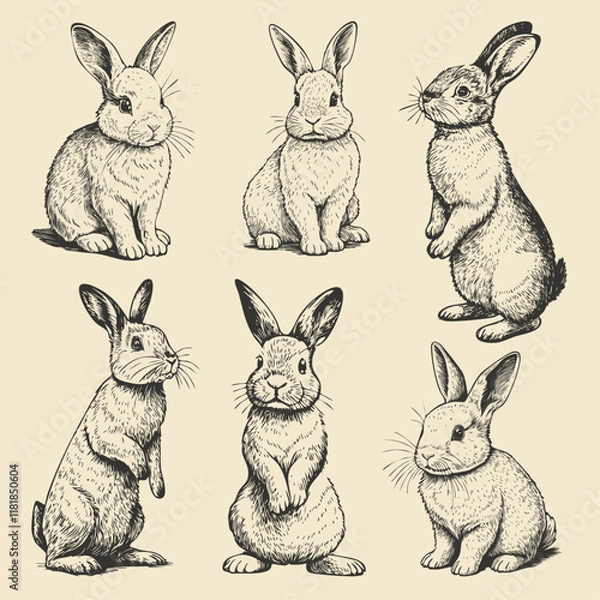 Fototapeta Bunny sketch. Sketched rabbit or hare retro etch, antique engraving easter rabbits pencil hand drawing vintage sitting bunnies cute haring animal ingenious vector illustration